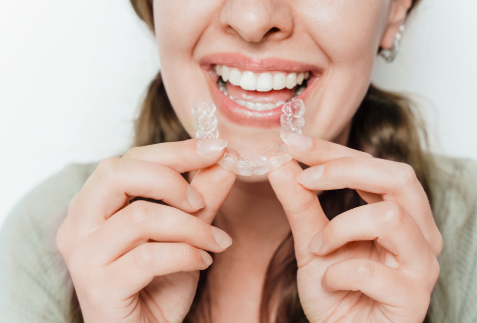 Smiling woman holding clear aligners | At-home invisible braces by Smileie