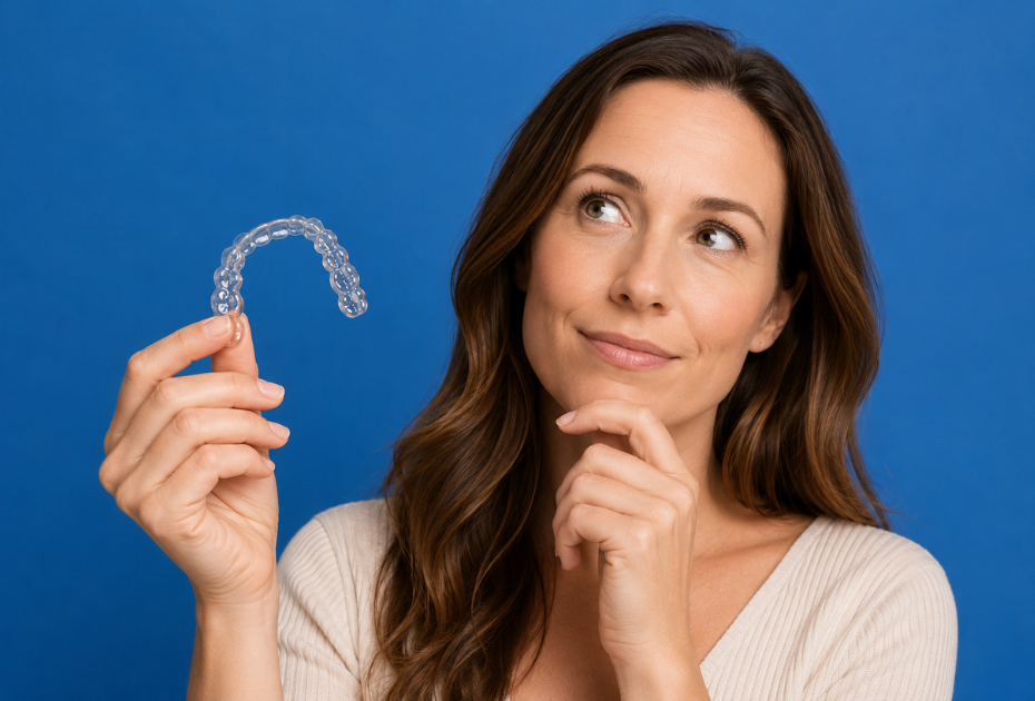 Woman in her 30s holding crystal clear aligners and thinking against a plain blue background for clear aligners treatment plan concept banner.