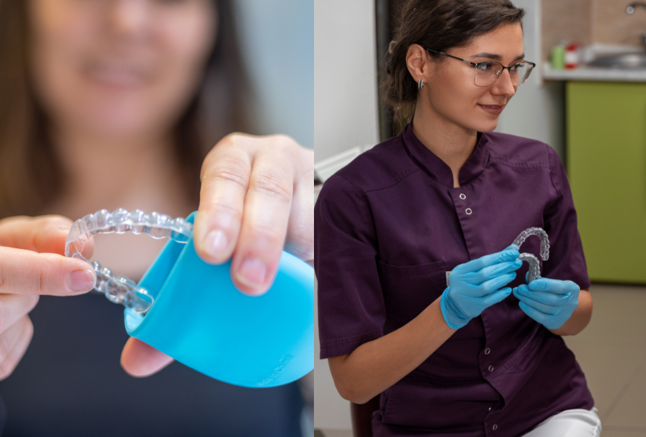 At-home clear aligners and in-clinic orthodontic treatment comparison showing clear aligner trays and a dental professional holding aligners.