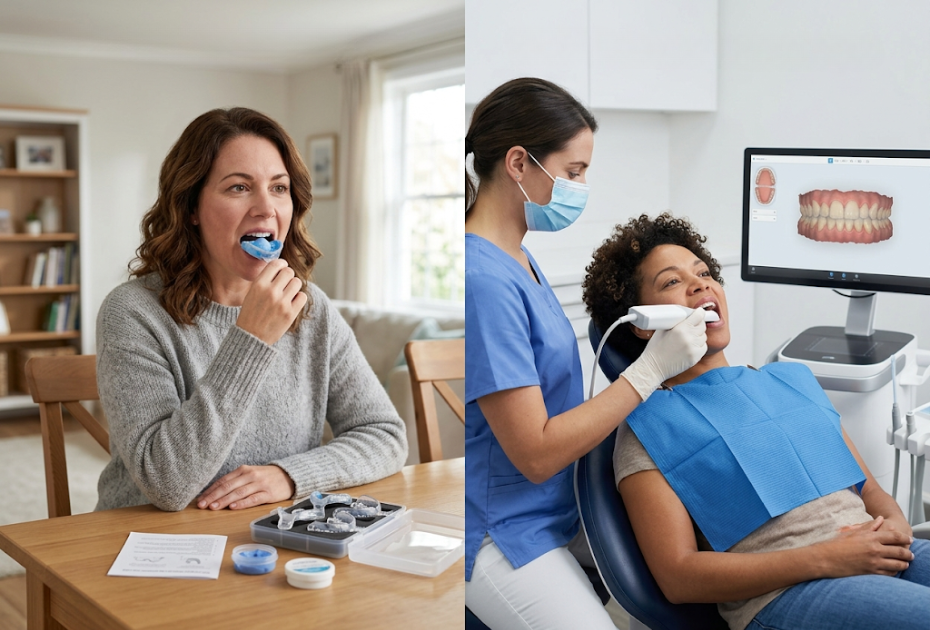 At-home dental impression kit vs in-person 3D dental scan for clear aligners in Encino.