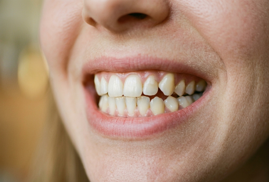 Close-up of crowded upper and lower front teeth showing overlapping teeth before clear aligner treatment.