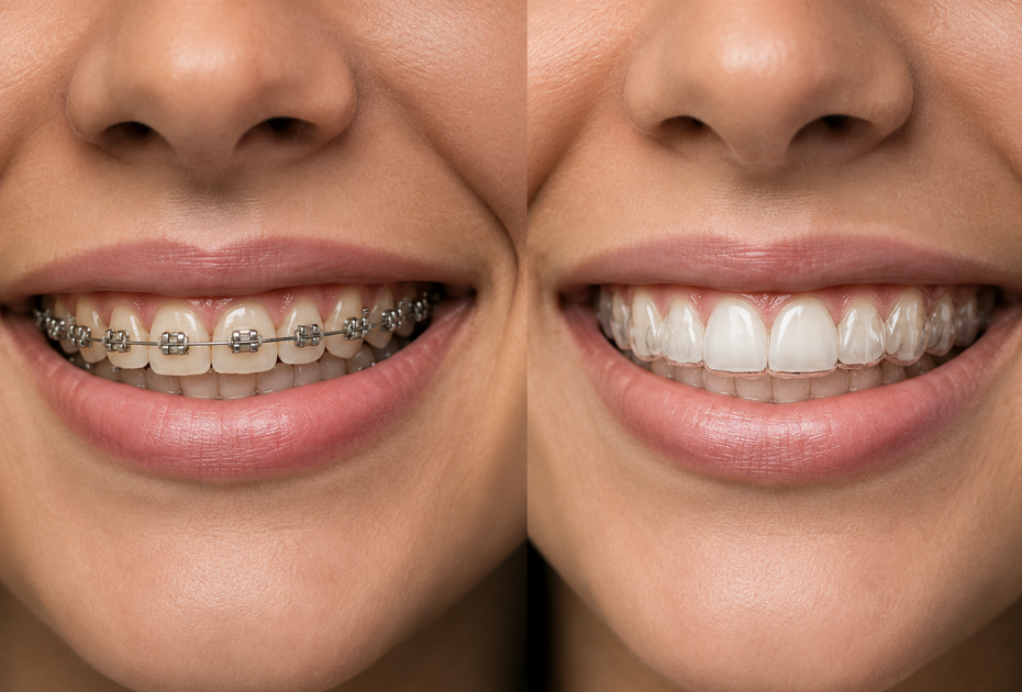 Clear aligners vs. traditional metal braces comparison for Houston adults.