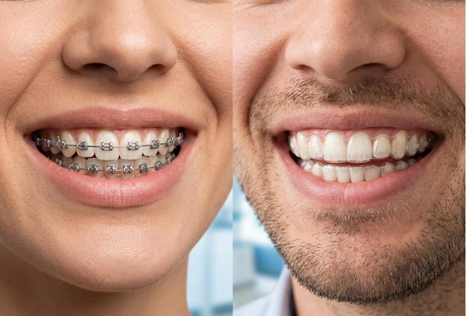 Adult comparison showing traditional metal braces and clear aligners for teeth straightening in Palm Harbor, FL