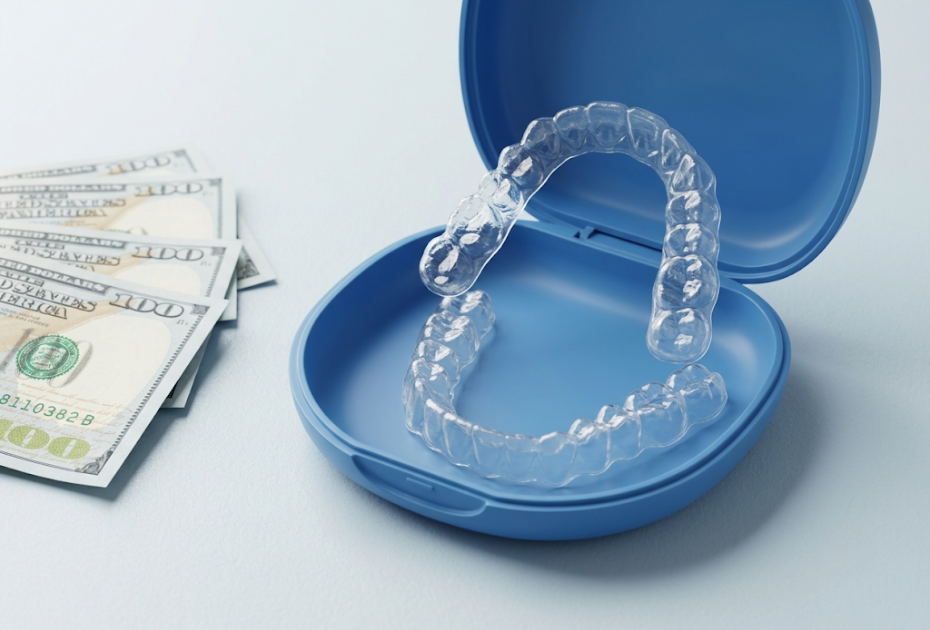 Clear aligners in a blue case beside US dollar bills representing clear aligner costs in Belleville, NJ