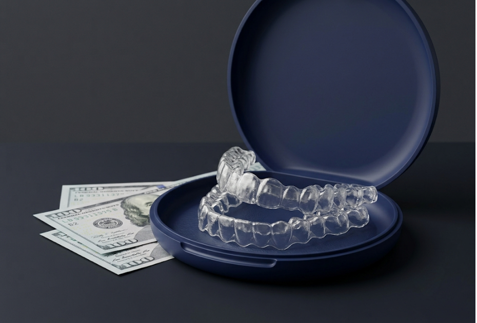 Clear aligners in a case with US dollar bills representing clear aligner costs in Encino, CA