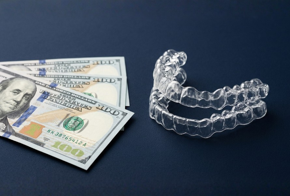Clear aligners beside US dollar bills representing clear aligner costs in Houston, Texas