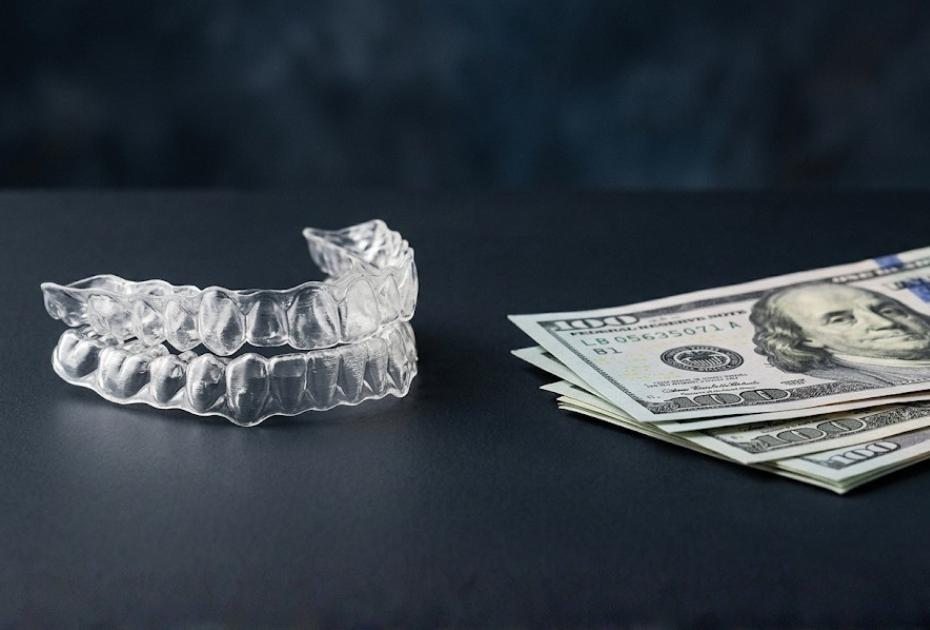 Clear aligners beside US dollar bills representing clear aligner costs in Palm Harbor, FL