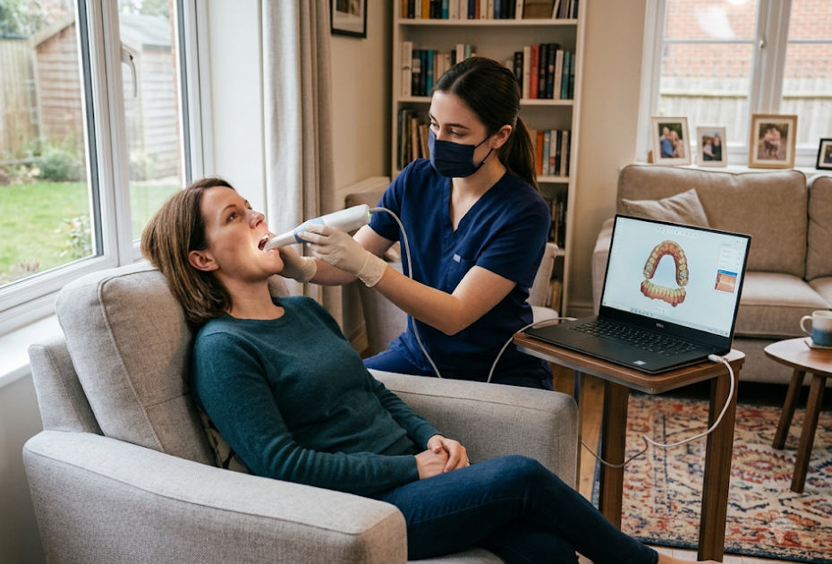 Trained technician performing a mobile 3D dental scan at a patient’s home in Palm Harbor, FL.