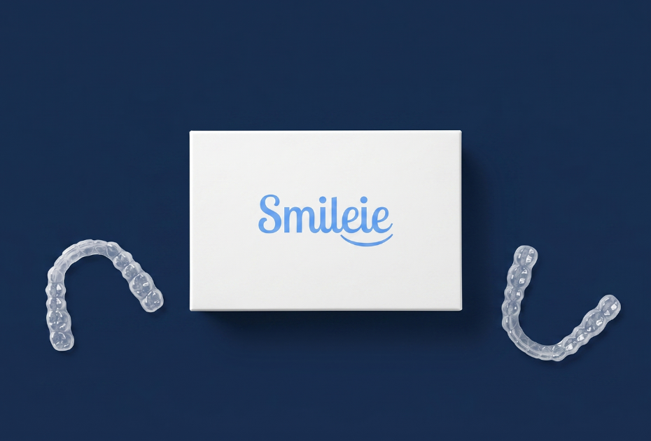 Smileie clear aligners kit with transparent upper and lower aligners on a blue background for online teeth straightening treatment.
