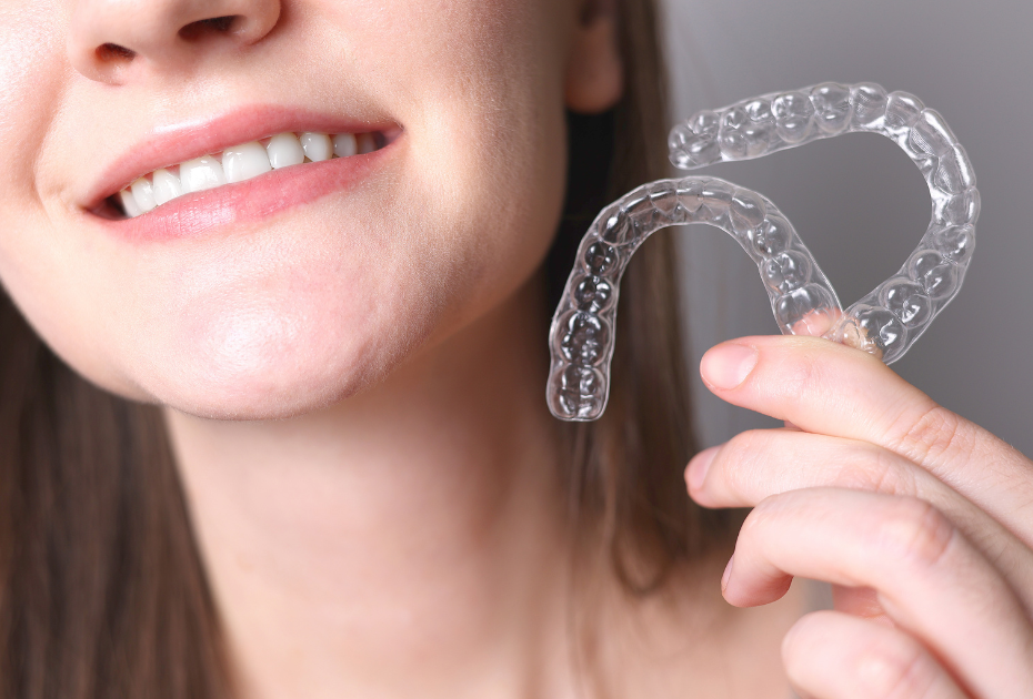 Woman holding clear dental retainer after clear aligner treatment, showing straight teeth and removable orthodontic retainer.