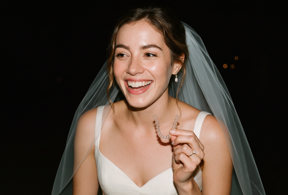 Smiling bride in a wedding dress holding a clear aligner tray, showing discreet orthodontic treatment for wedding photos.