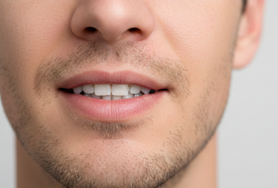 Close-up of an adult man’s mouth showing straight, white teeth and a natural smile