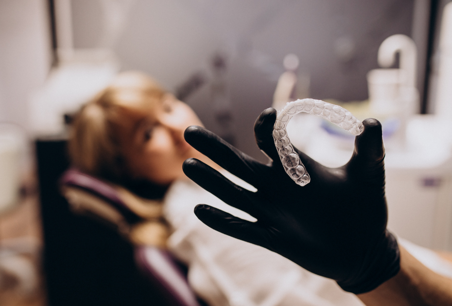 Dental professional holding a clear aligner tray while a patient sits in a dental chair in the background