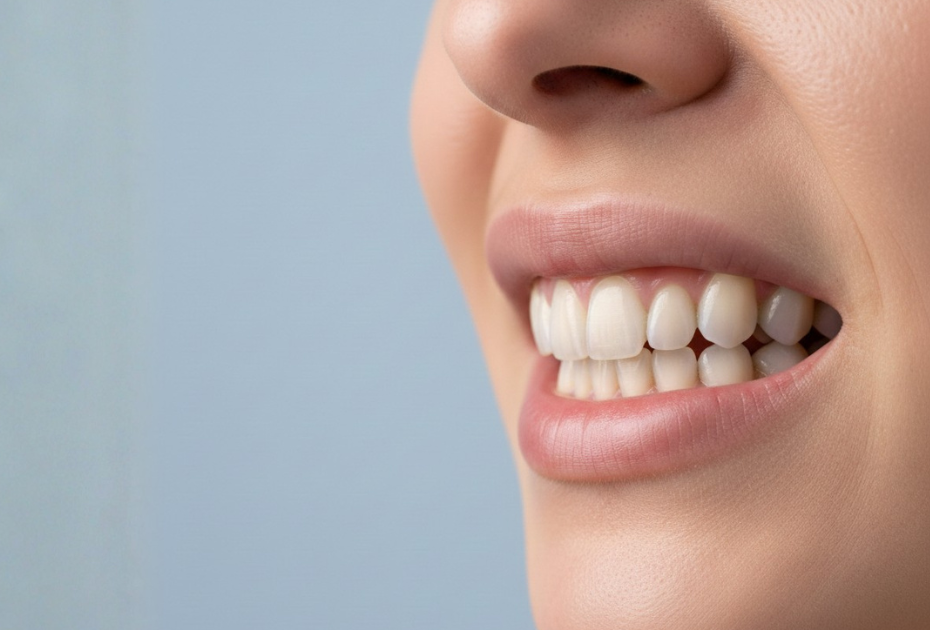 Close-up side view of a person’s mouth showing an underbite, with lower front teeth positioned ahead of the upper teeth