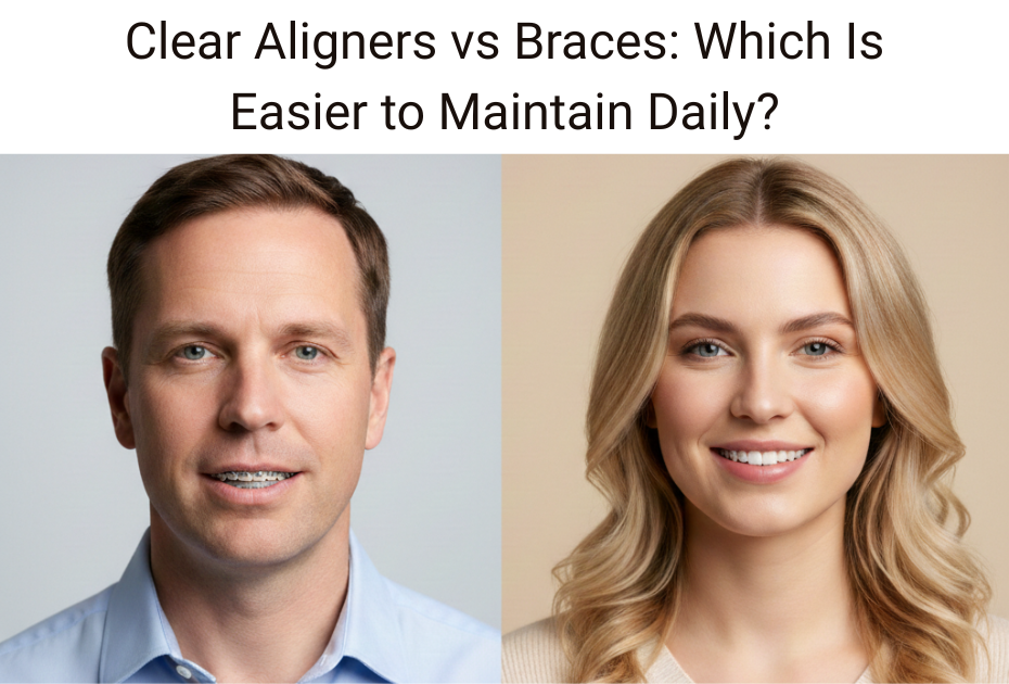 Side-by-side comparison showing a man wearing metal braces on the left and a smiling woman wearing clear aligners on the right, illustrating daily maintenance differences between clear aligners and braces.