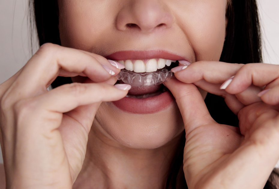 Person placing a clear aligner over their teeth as part of a Smileie aligner timeline.