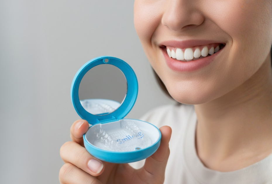 Smiling woman holding an open Smileie clear aligners case with transparent aligners inside