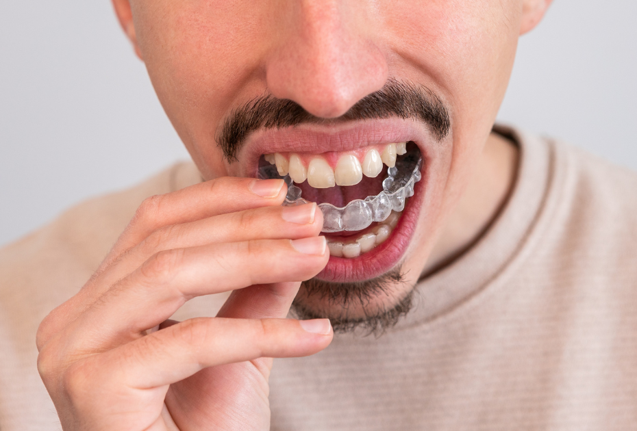 Close-up of a man placing clear aligners on his lower teeth for overbite correction.