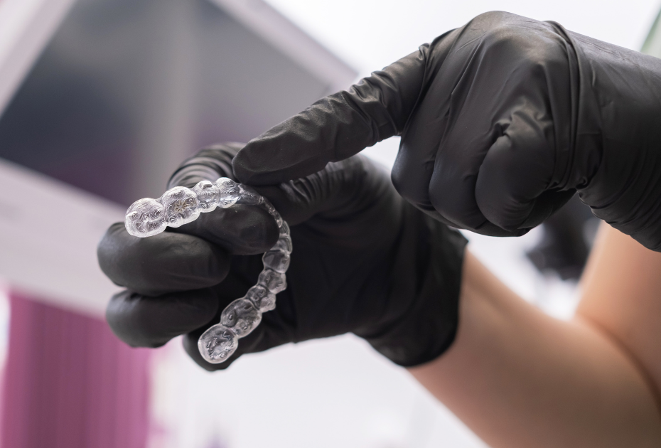 Clear dental aligner held between gloved hands, showing transparent invisible braces used for teeth straightening