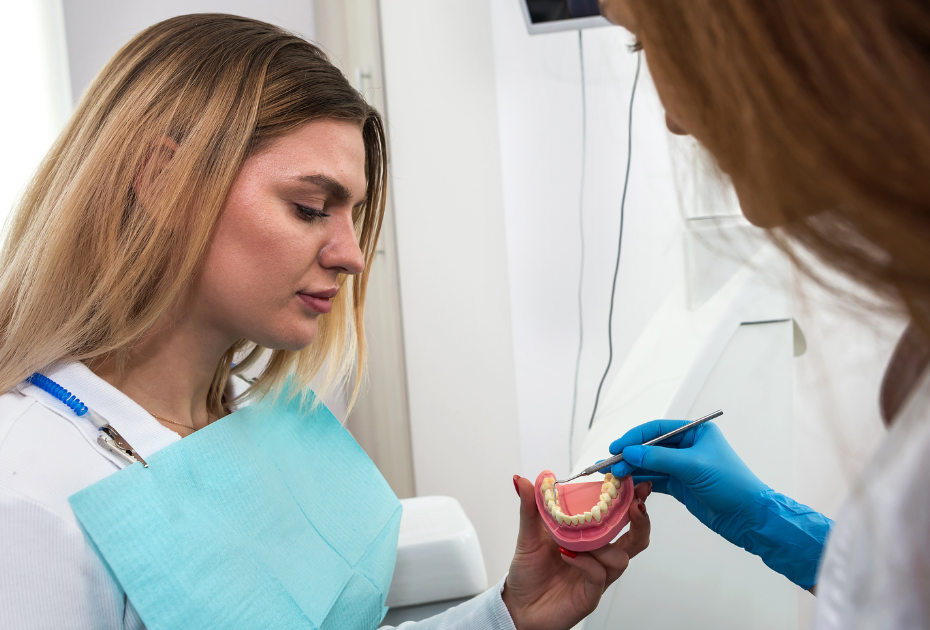 Dentist explaining a clear aligner treatment plan using a dental model during consultation with a female patient. 