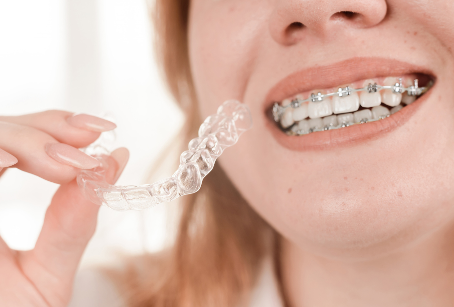 Adult holding clear aligners while wearing traditional metal braces, illustrating the comparison between clear aligners vs braces for orthodontic treatment.