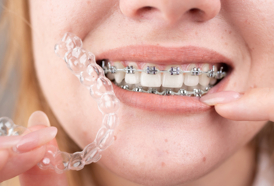 Person holding clear aligners next to teeth with metal braces, illustrating clear aligners vs braces orthodontic treatment options.