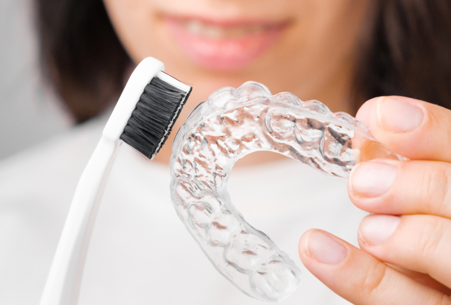 Person holding a clear dental aligner while cleaning it with a toothbrush as part of a daily clear aligner cleaning routine.