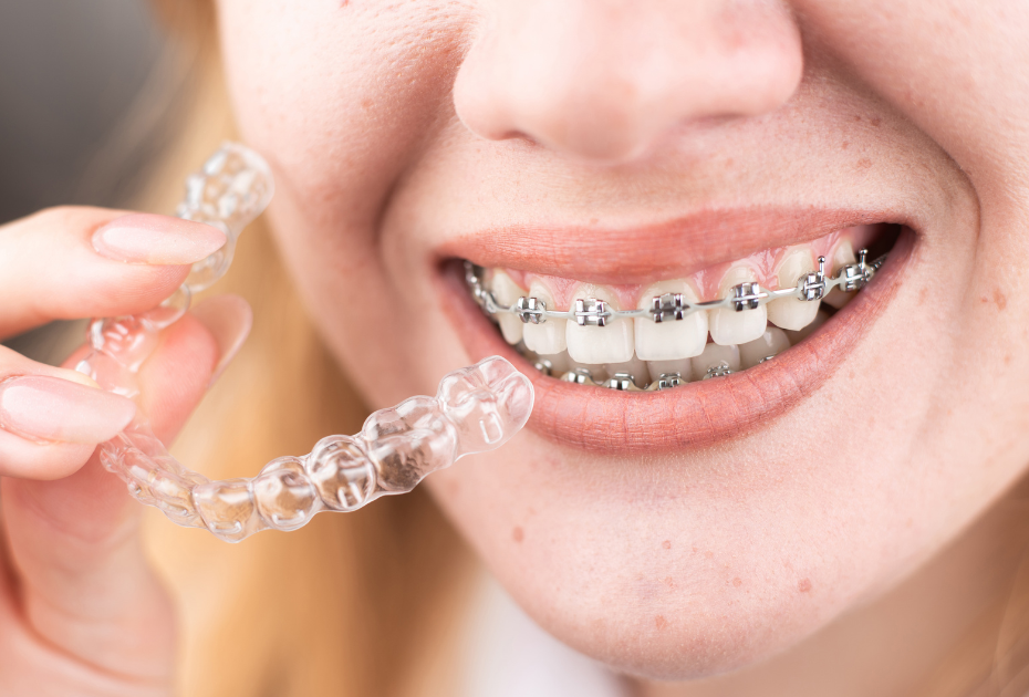 Clear close-up of a person wearing metal braces while holding a transparent clear aligner tray, illustrating the comparison between aligners and braces.