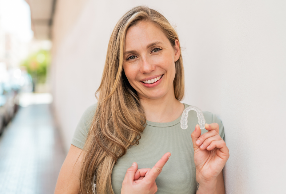 Woman holding clear aligners while smiling, representing long-term dental health benefits of clear aligners in the USA.
