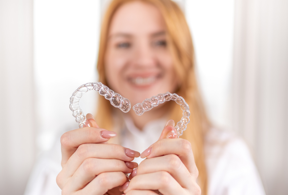 Woman holding clear aligners and smiling at camera.