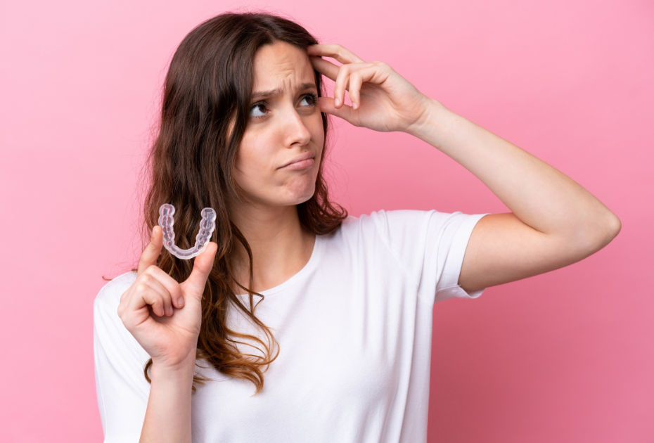 Woman holding clear aligners looking confused about aligners face shape change.