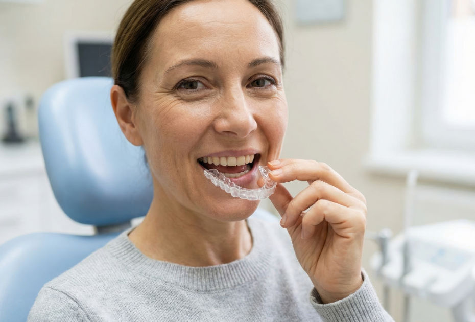 Adult woman placing clear aligners on teeth during orthodontic treatment in dental clinic.