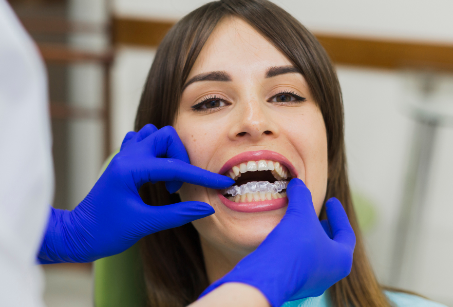 Woman trying clear aligners during dental fitting appointment in USA .