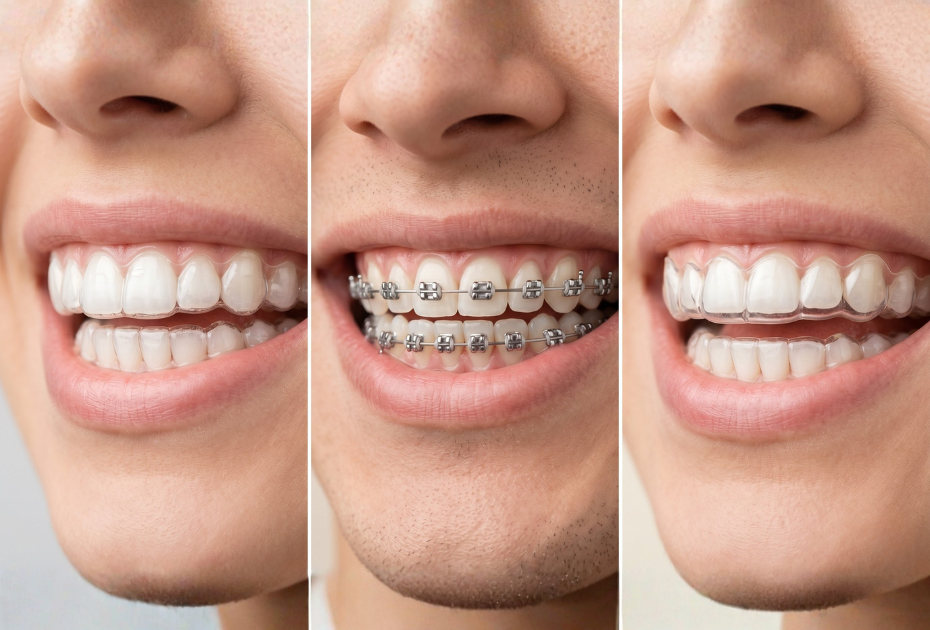 Clear aligners vs braces vs retainers close-up comparison on teeth showing invisible aligners, metal braces, and clear retainer on smiling mouths.