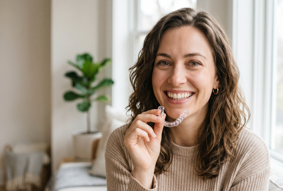 Woman smiling naturally while holding clear aligners near her face in a bright modern indoor setting for clear aligner treatment concept .