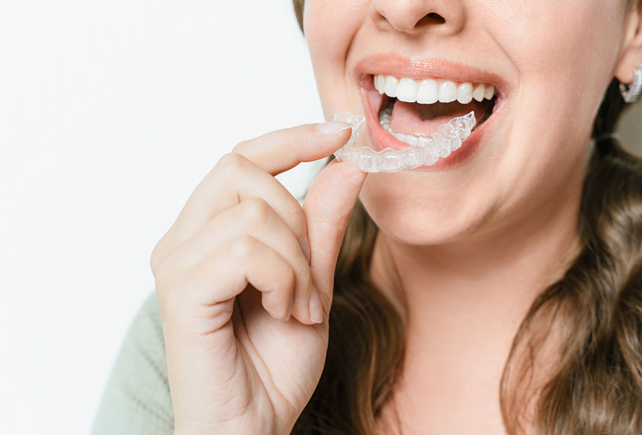 Woman holding clear aligners for teeth straightening at home