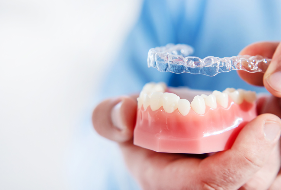Clear aligner being placed on dental model for teeth straightening