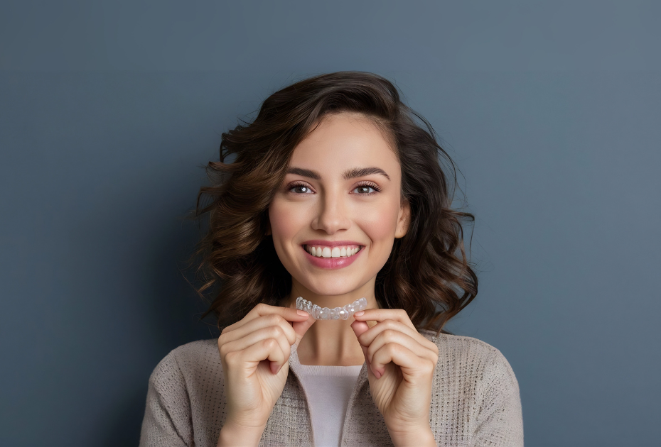 Woman smiling and holding clear aligners for overbite treatment