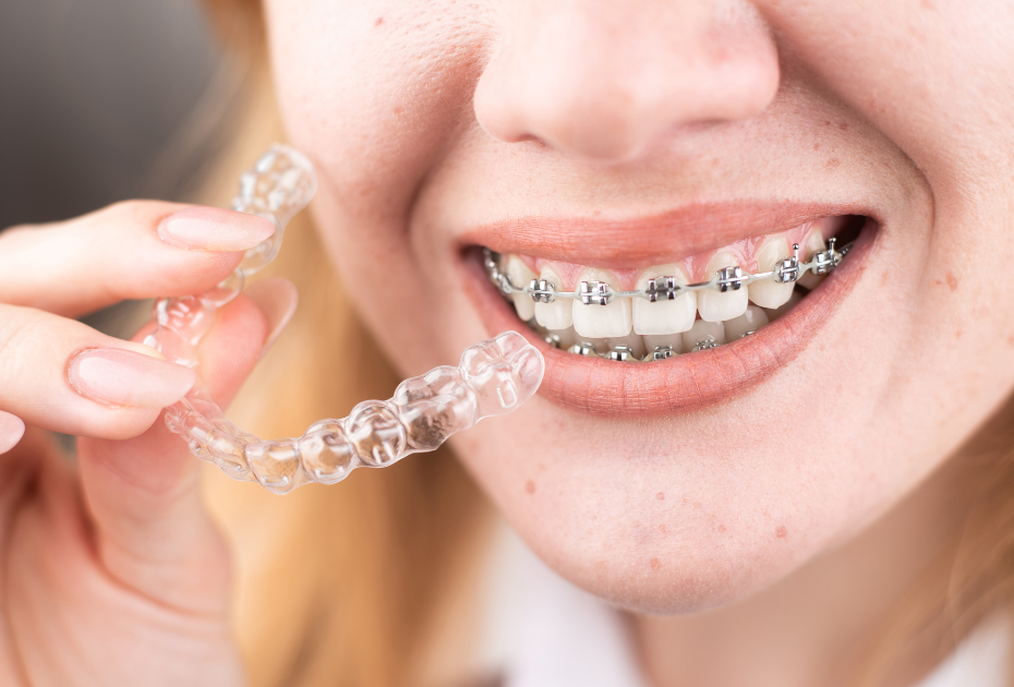 Woman wearing metal braces while holding clear aligners for teeth straightening comparison.