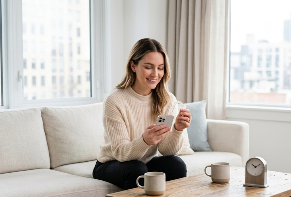 Woman checking her clear aligners on her phone while staying consistent with treatment at home.