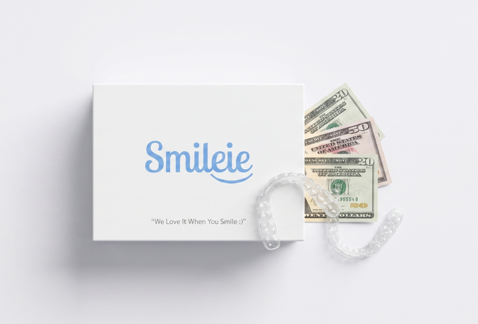 Smileie clear aligner package with transparent aligners and US dollars.